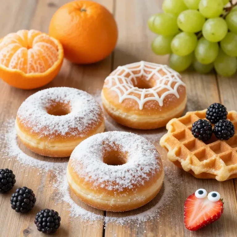 A Halloween-themed breakfast platter featuring pancakes, candy edible eyes, and festive decorations.