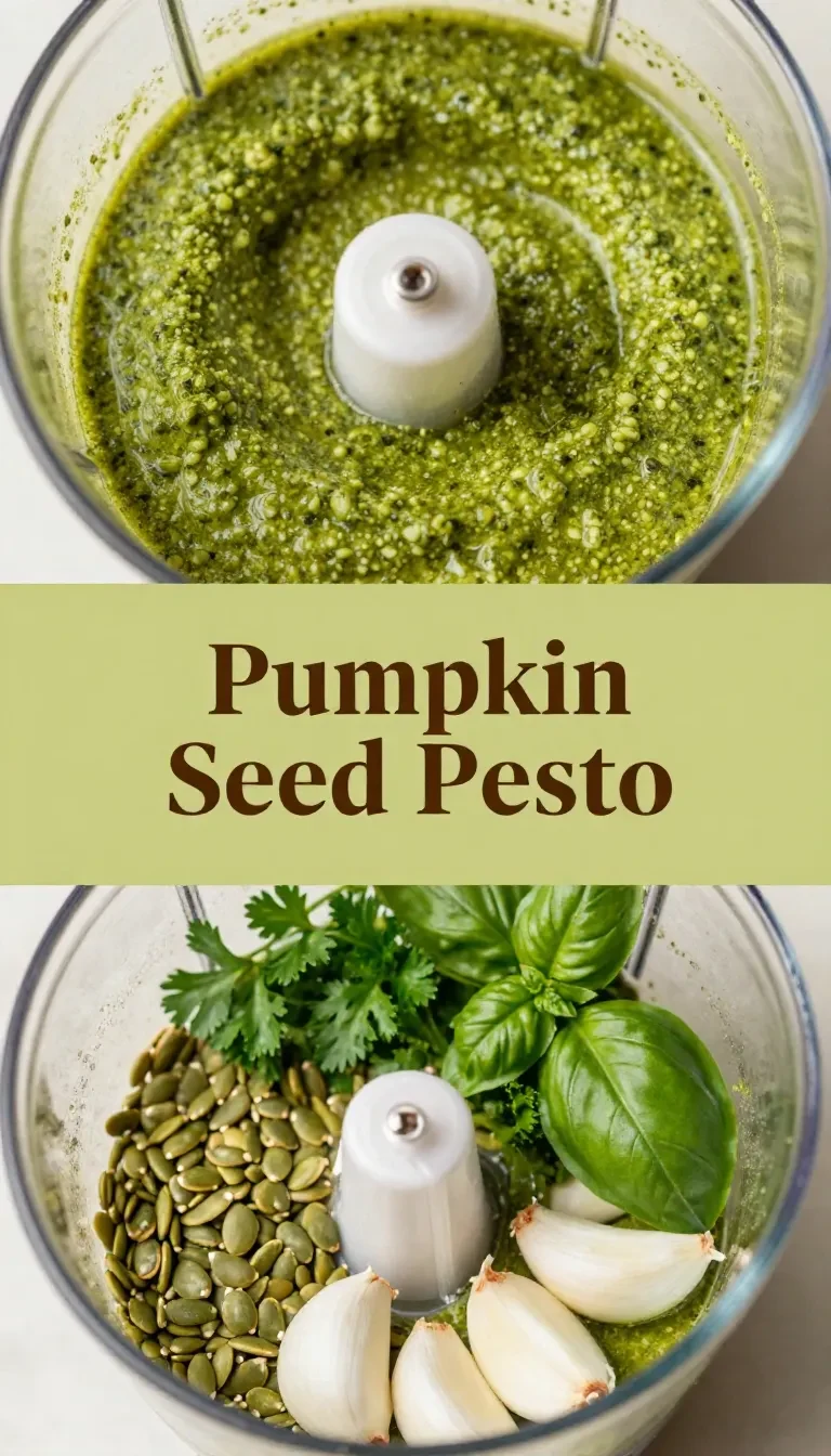 A bowl of vibrant green nut-free pumpkin seed pesto surrounded by fresh basil leaves and pumpkin seeds.