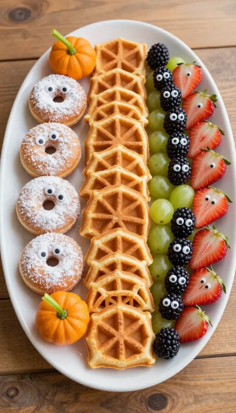 A Halloween-themed breakfast platter featuring pancakes, candy edible eyes, and festive decorations.