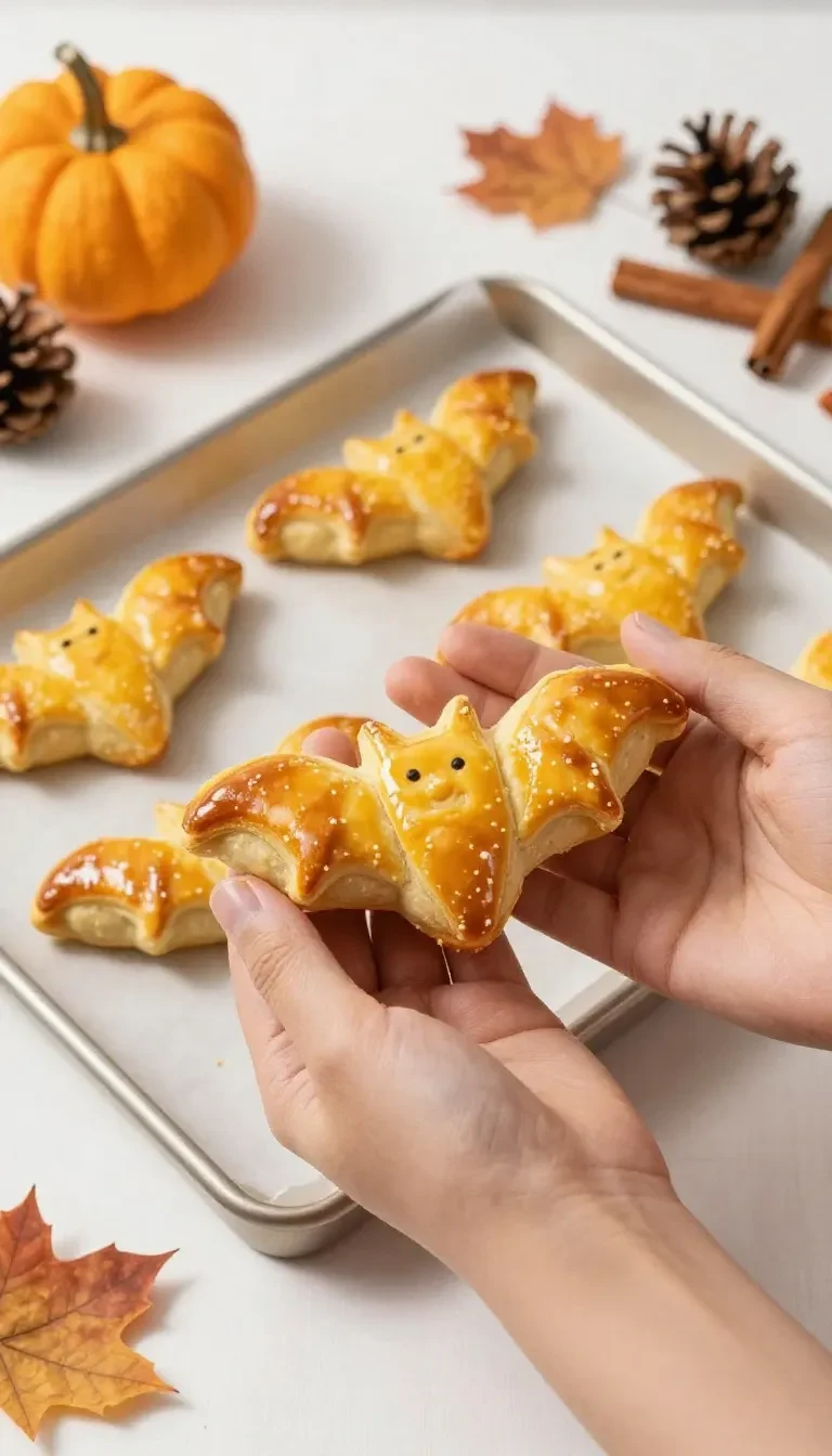 Close-up of puff pastry bats arranged on a wooden board, perfect for Halloween treats.