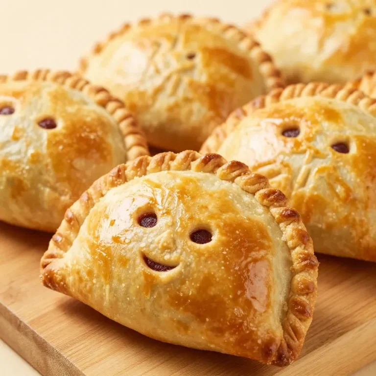 A close-up of a pie decorated with a scary face made from pastry and food coloring.