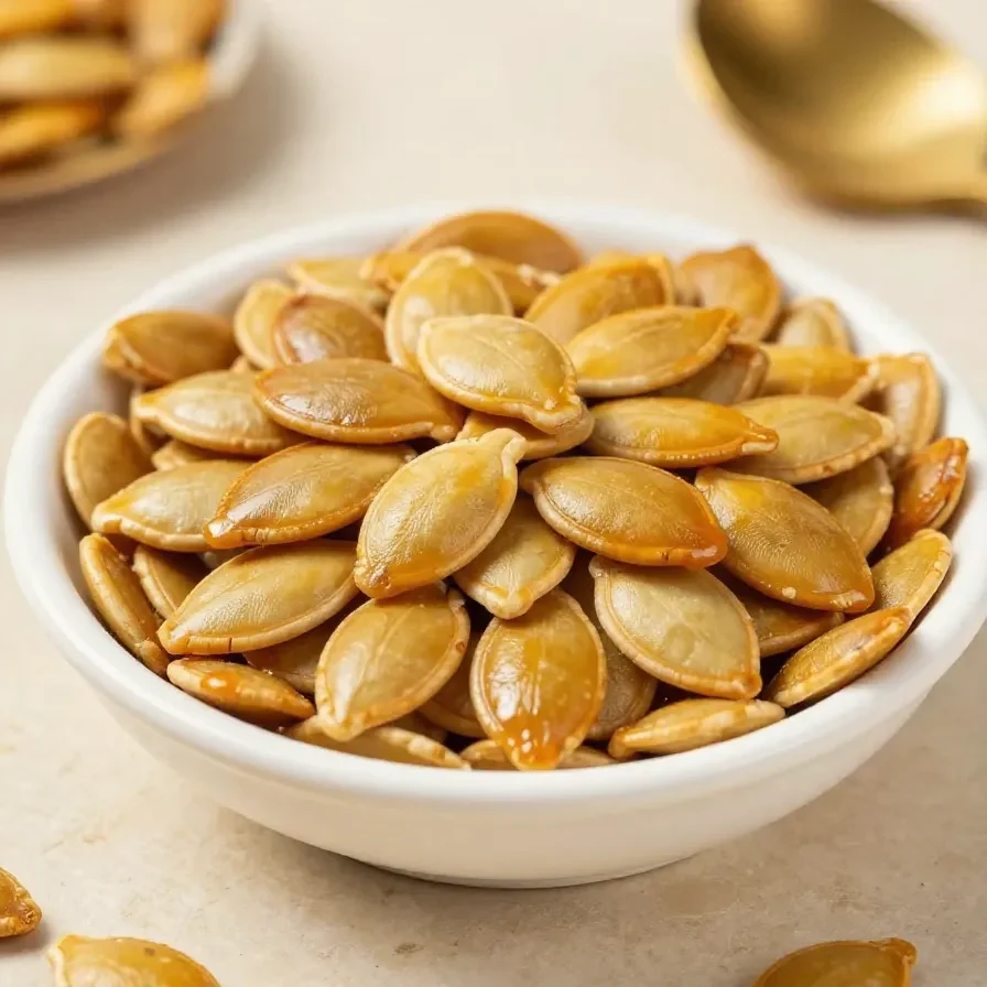 A bowl of roasted pumpkin seeds prepared in an air fryer, garnished with herbs and spices.