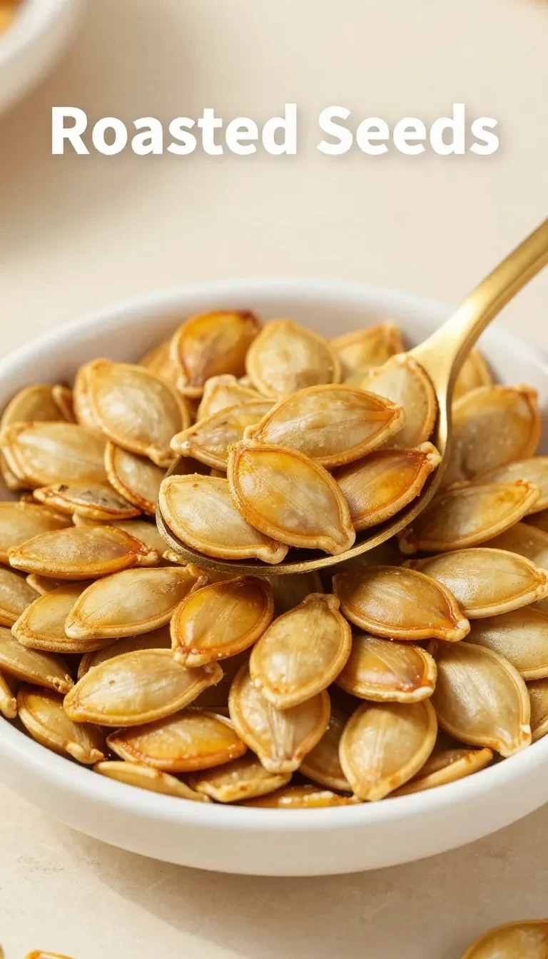 A bowl of roasted pumpkin seeds prepared in an air fryer, garnished with herbs and spices.