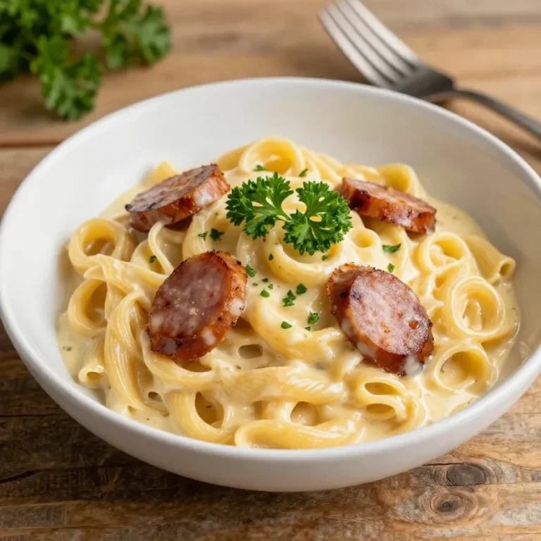 A hearty crockpot pierogi casserole with slices of kielbasa and melted cheese on top.