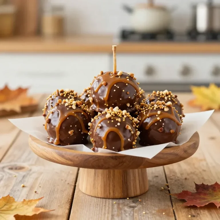 Close-up of caramel apple bites topped with crushed nuts on a wooden tray.