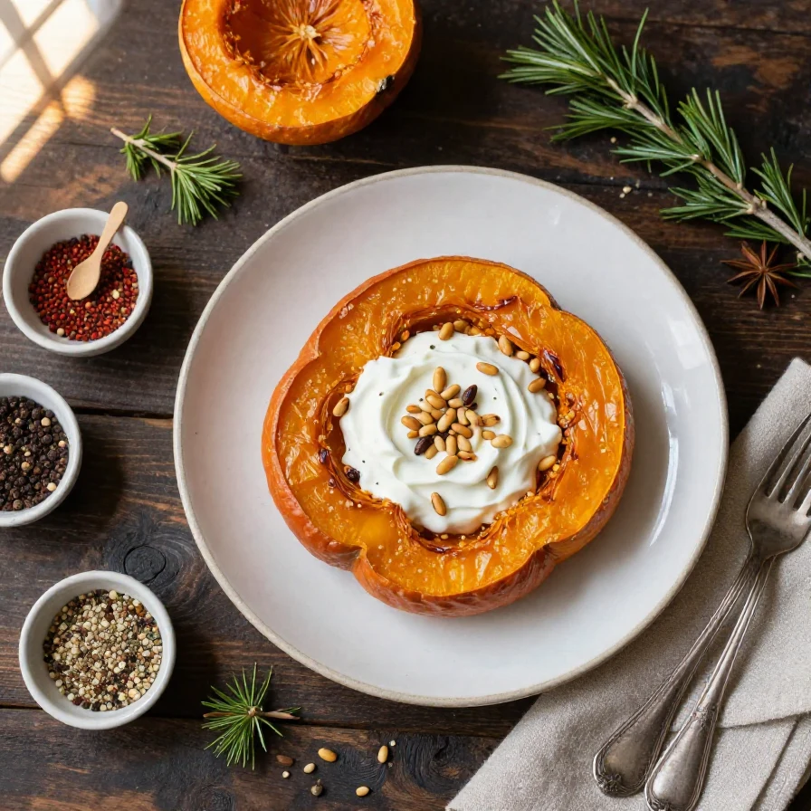 A close-up of roasted pumpkin slices topped with creamy yogurt sauce and sprinkled with pine nuts on a white plate.