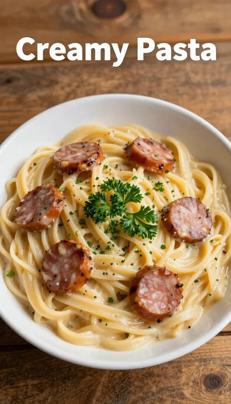 A hearty crockpot pierogi casserole with slices of kielbasa and melted cheese on top.