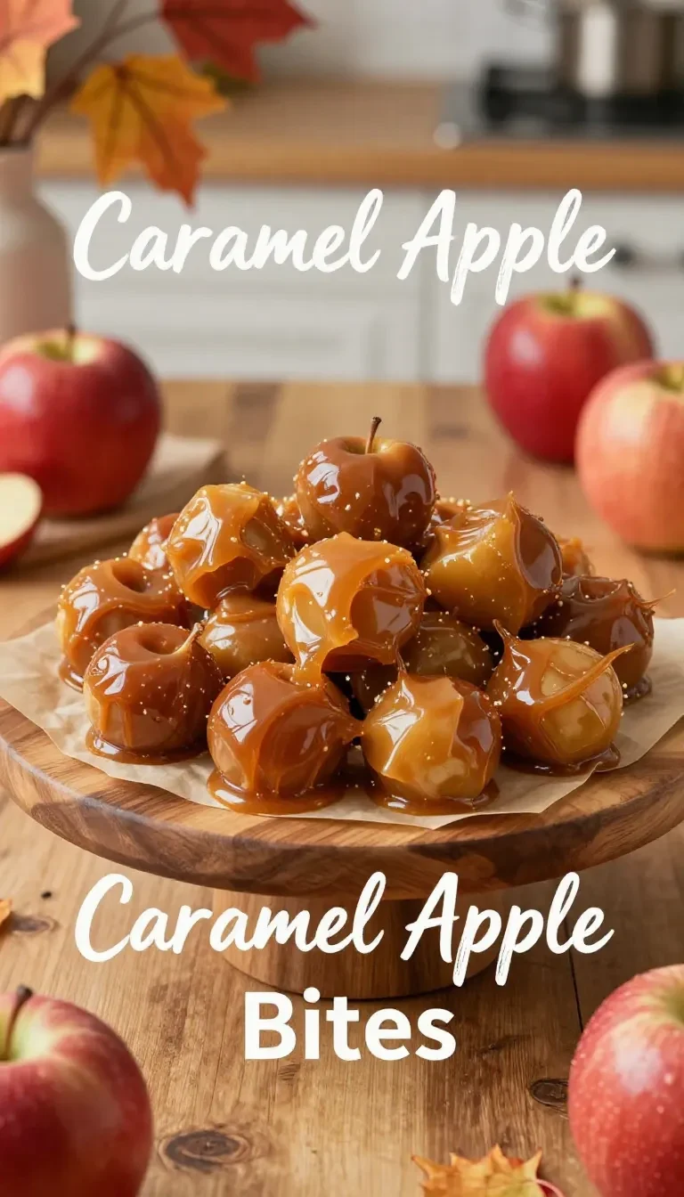 Close-up of caramel apple bites topped with crushed nuts on a wooden tray.