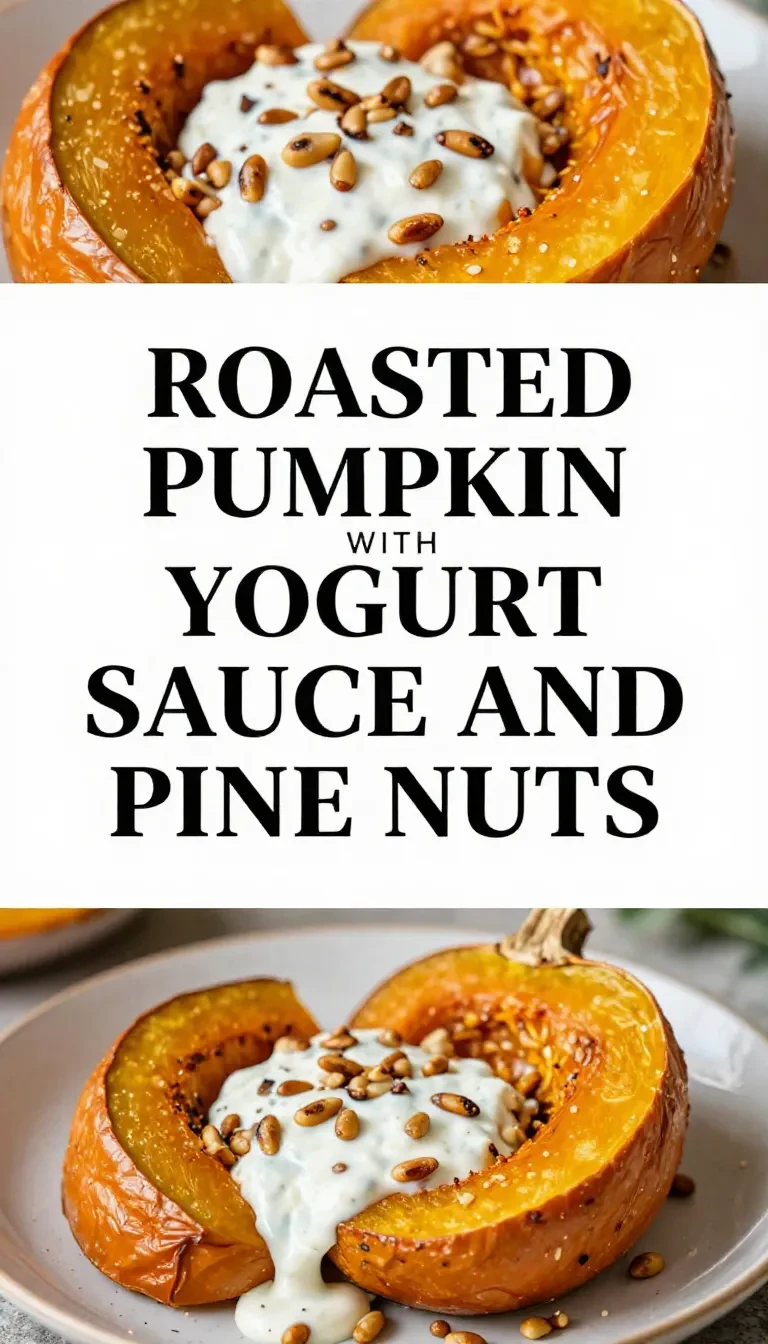 A close-up of roasted pumpkin slices topped with creamy yogurt sauce and sprinkled with pine nuts on a white plate.