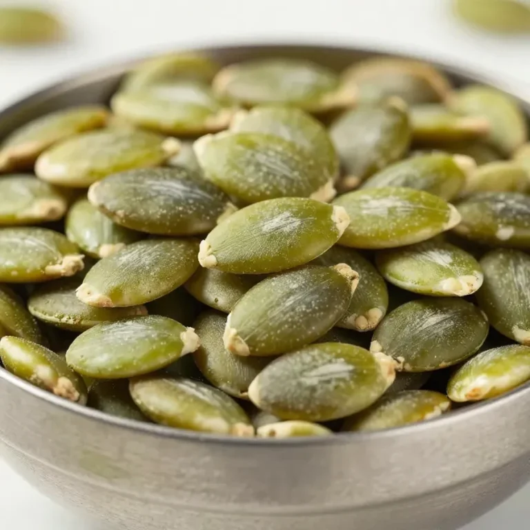 A close-up of roasted pumpkin seeds served in a white bowl on a wooden table.