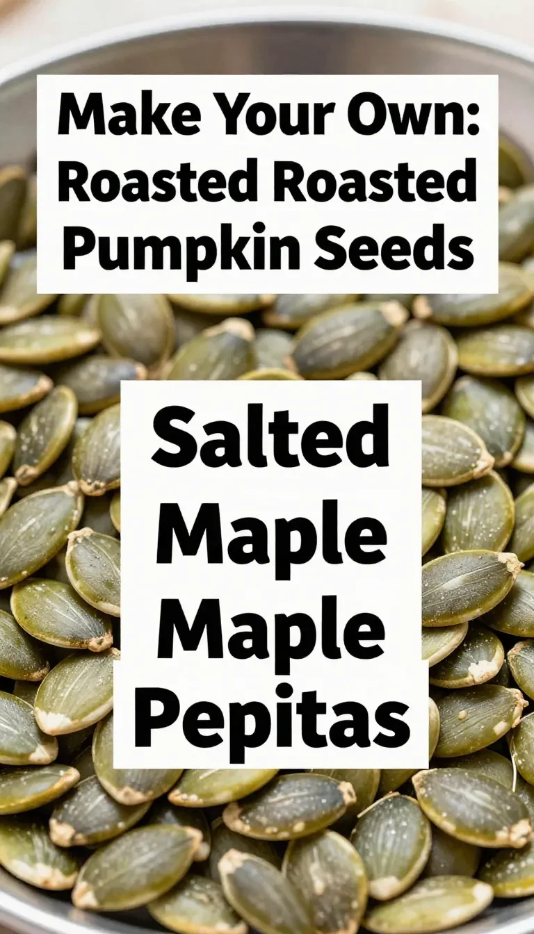 A close-up of roasted pumpkin seeds served in a white bowl on a wooden table.