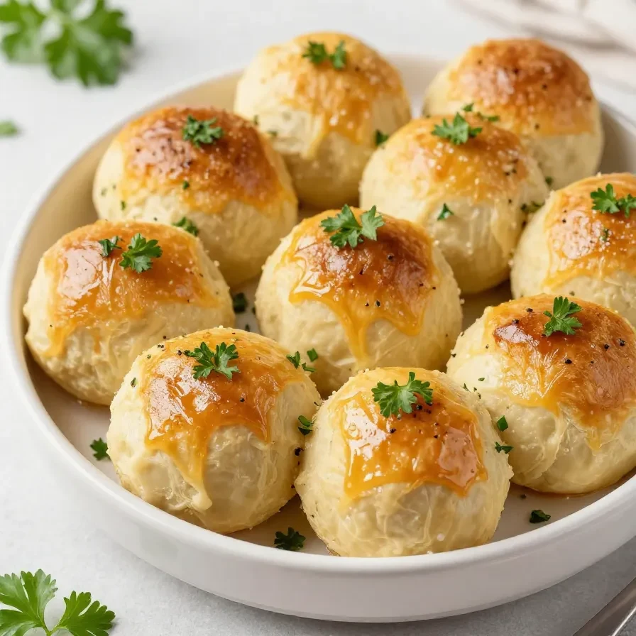 Freshly baked garlic butter dinner rolls on a wooden tray.