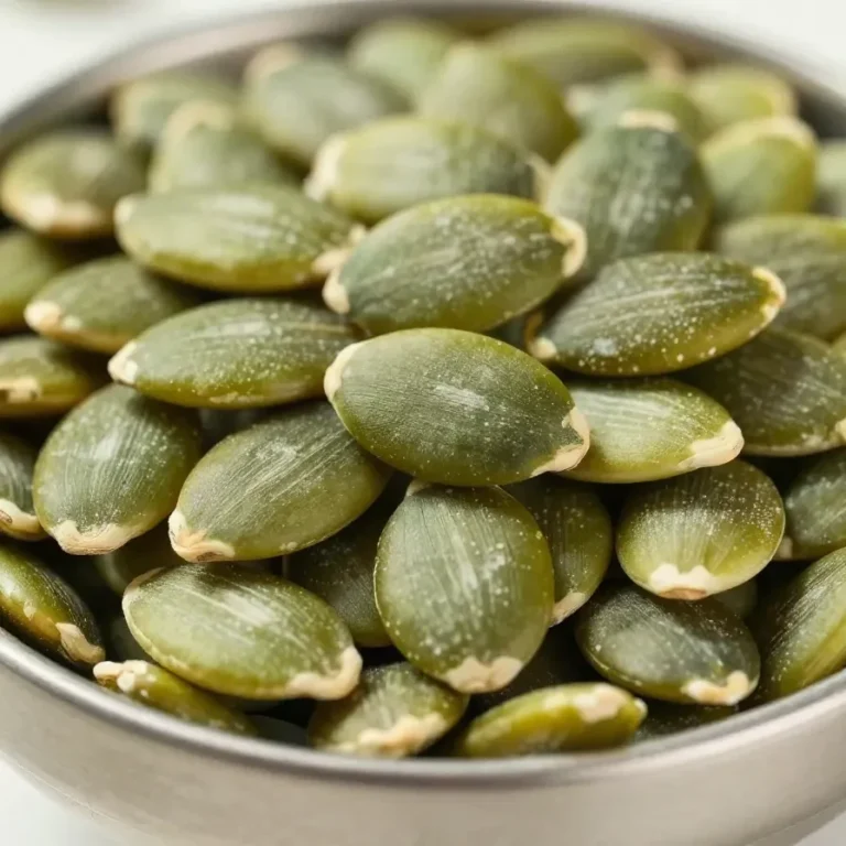 A bowl of freshly roasted pumpkin seeds seasoned with spices.