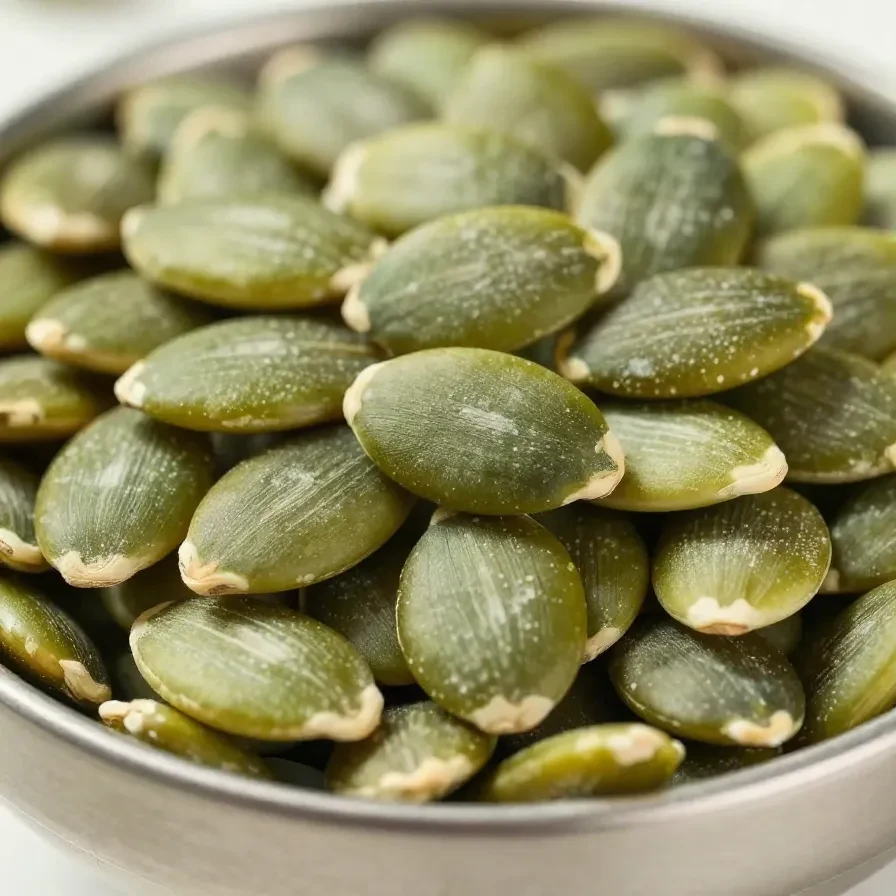 A bowl of freshly roasted pumpkin seeds seasoned with spices.