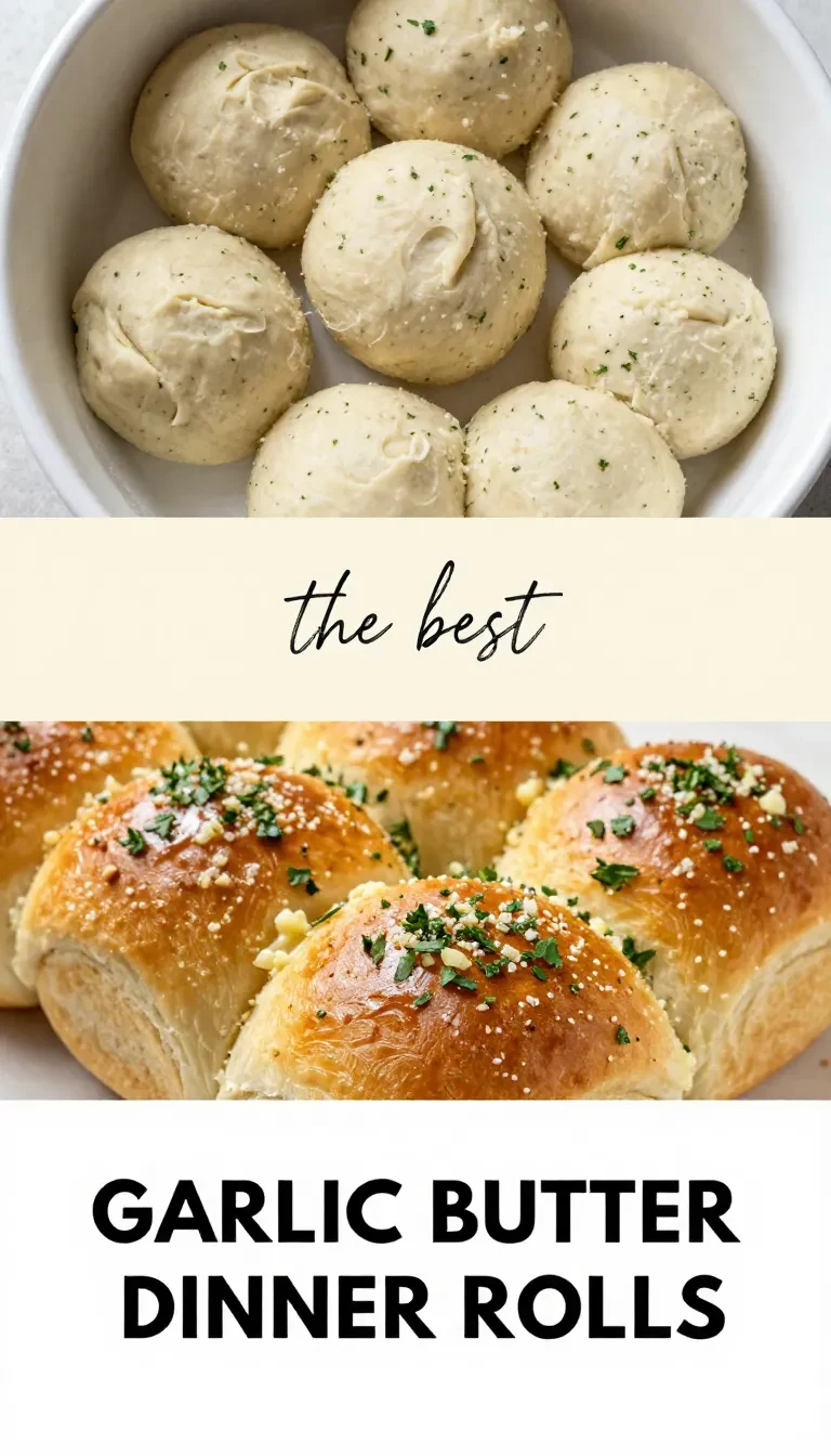 Freshly baked garlic butter dinner rolls on a wooden tray.