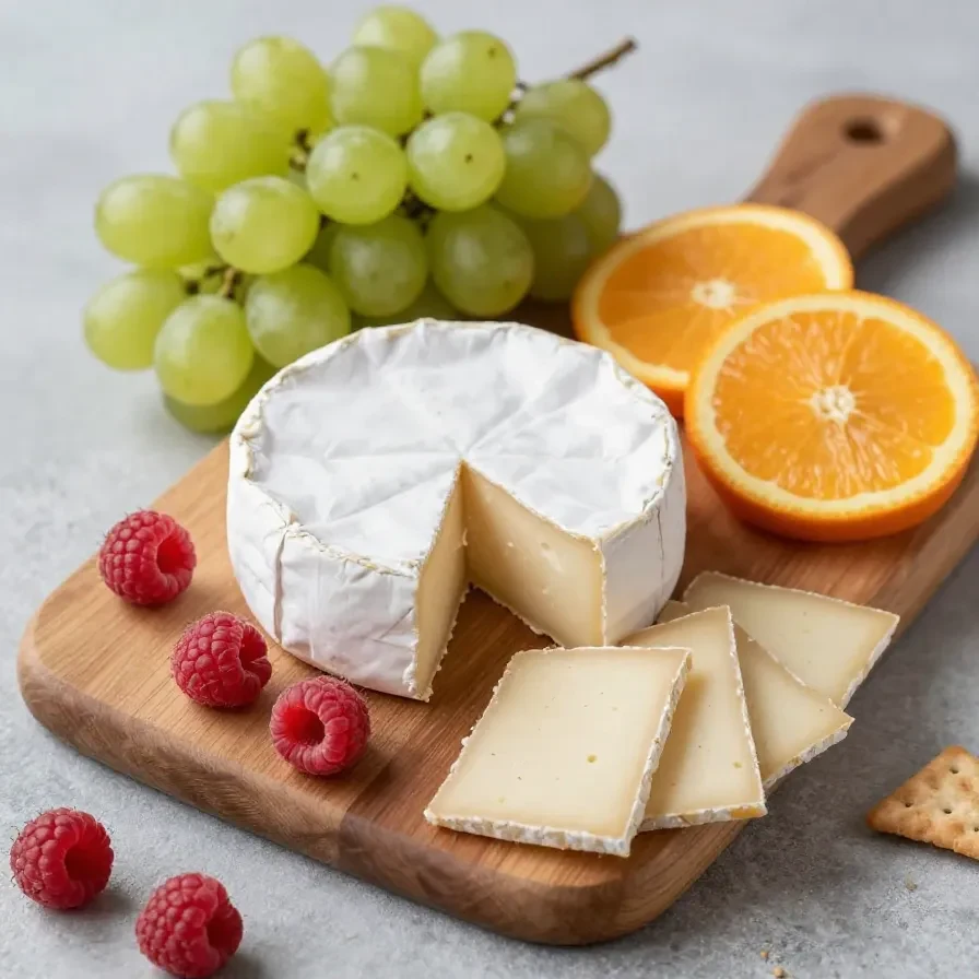 A festive snowflake-shaped brie cheese appetizer garnished with cranberries and rosemary on a wooden board.