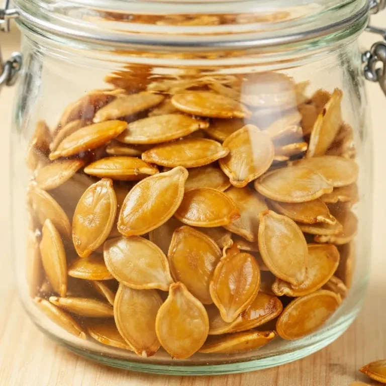 A tray of roasted pumpkin seeds and a bowl of homemade pumpkin purée on a wooden countertop.