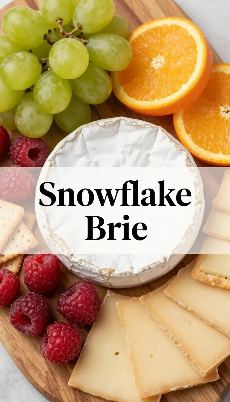 A festive snowflake-shaped brie cheese appetizer garnished with cranberries and rosemary on a wooden board.