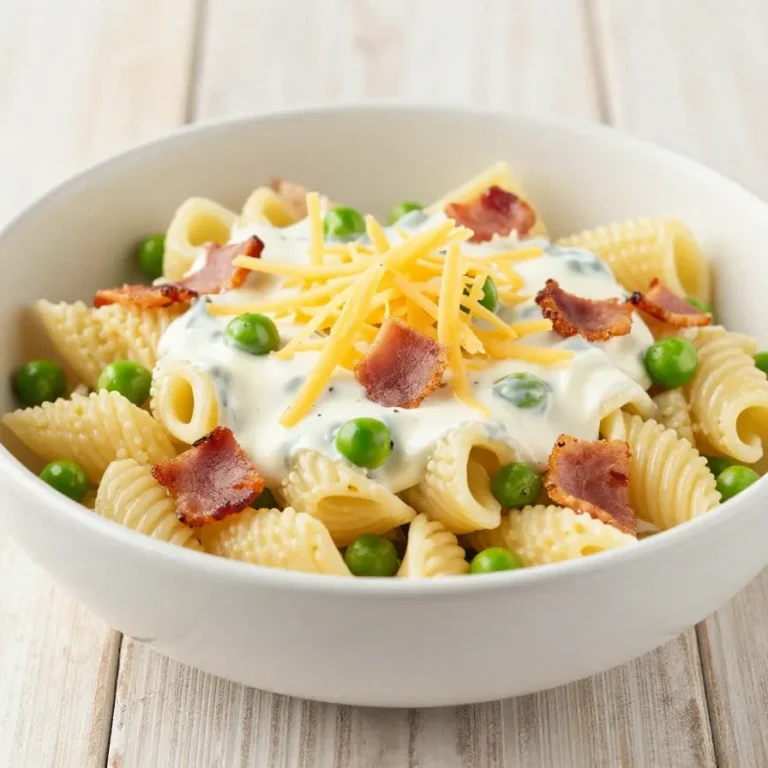 A bowl of creamy pasta salad with fresh vegetables and herbs on a wooden table.