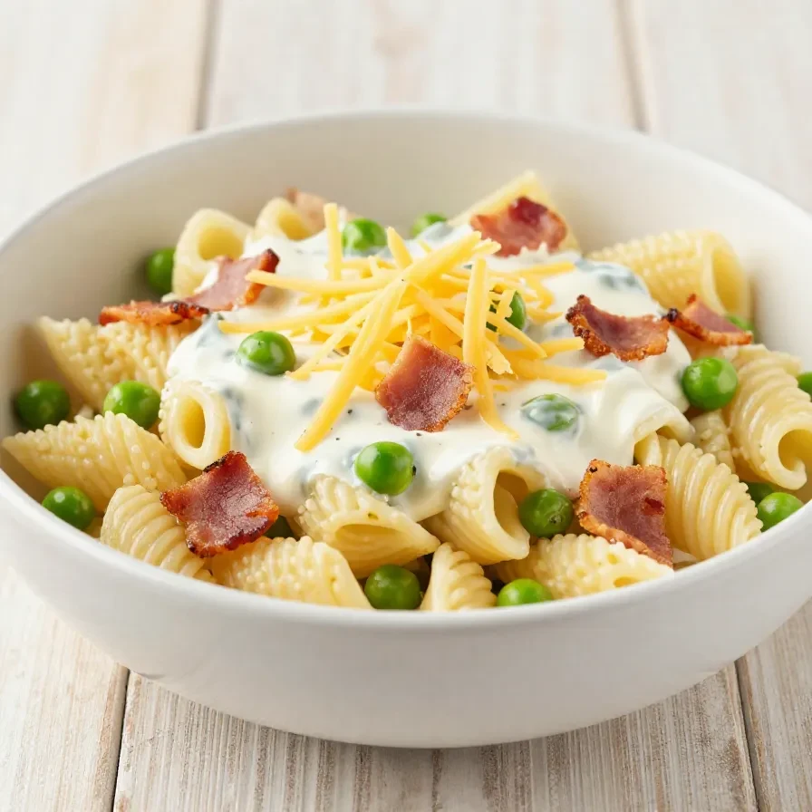 A bowl of creamy pasta salad with fresh vegetables and herbs on a wooden table.