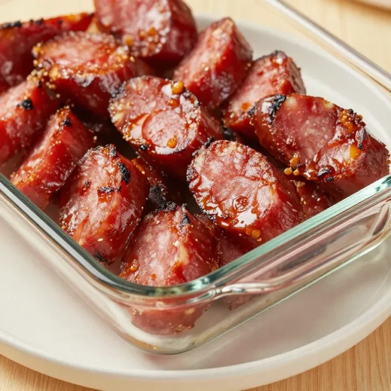 A close-up of BBQ sausage bites served on a wooden platter with dipping sauce.