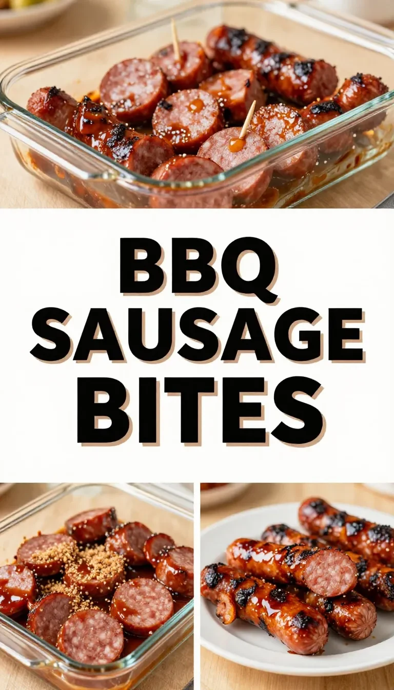 A close-up of BBQ sausage bites served on a wooden platter with dipping sauce.