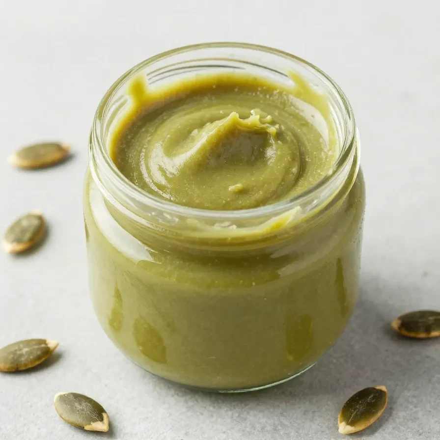 A jar of creamy pumpkin seed butter surrounded by autumn leaves on a wooden table.