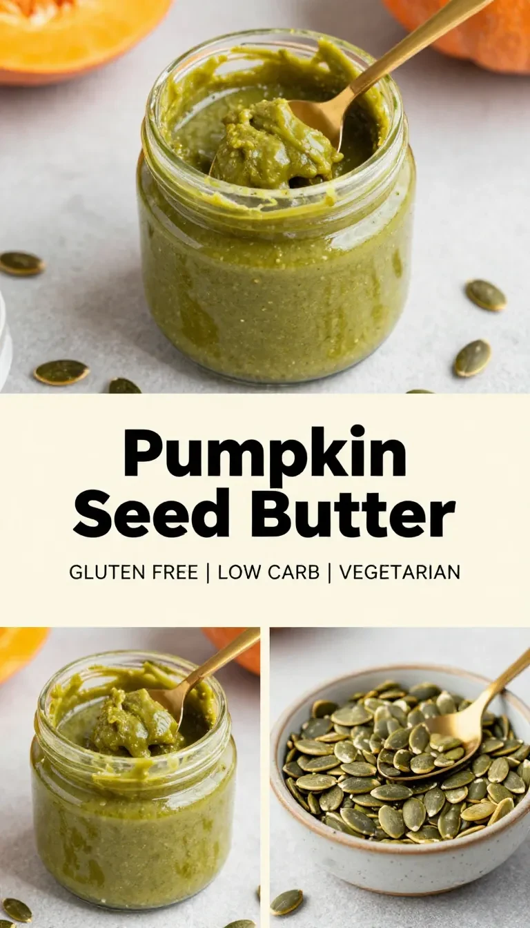 A jar of creamy pumpkin seed butter surrounded by autumn leaves on a wooden table.