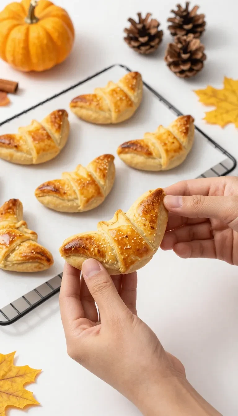 Halloween-themed puff pastry bats on a wooden table with a side of dipping sauce.
