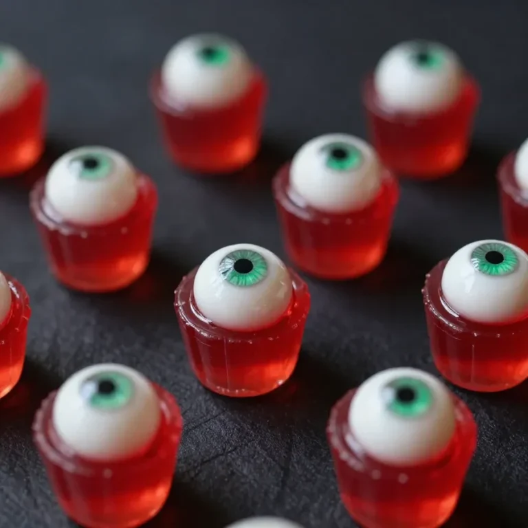 Close-up of Halloween-themed eyeball jello shots on a table.