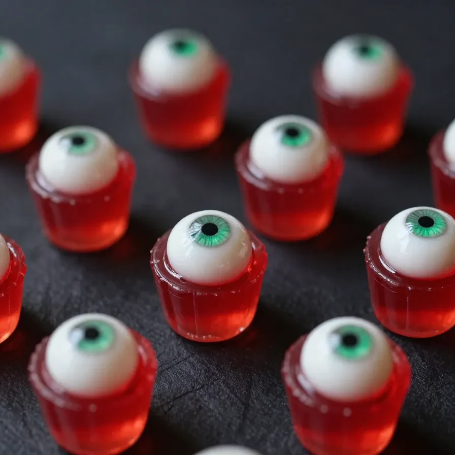 Close-up of Halloween-themed eyeball jello shots on a table.