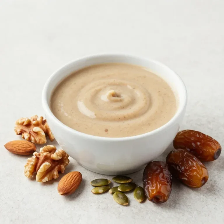 A glass of thick hair nut and seed power drink surrounded by natural ingredients for hair growth.