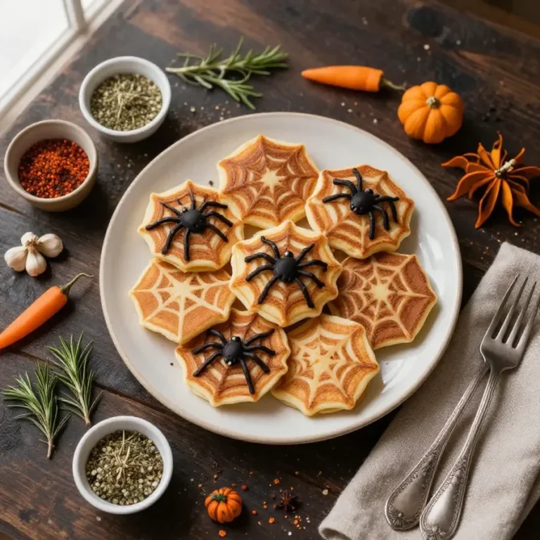 A plate of mini spiderweb-shaped pancake dippers with a small bowl of syrup, perfect for a Halloween-themed kids' breakfast.