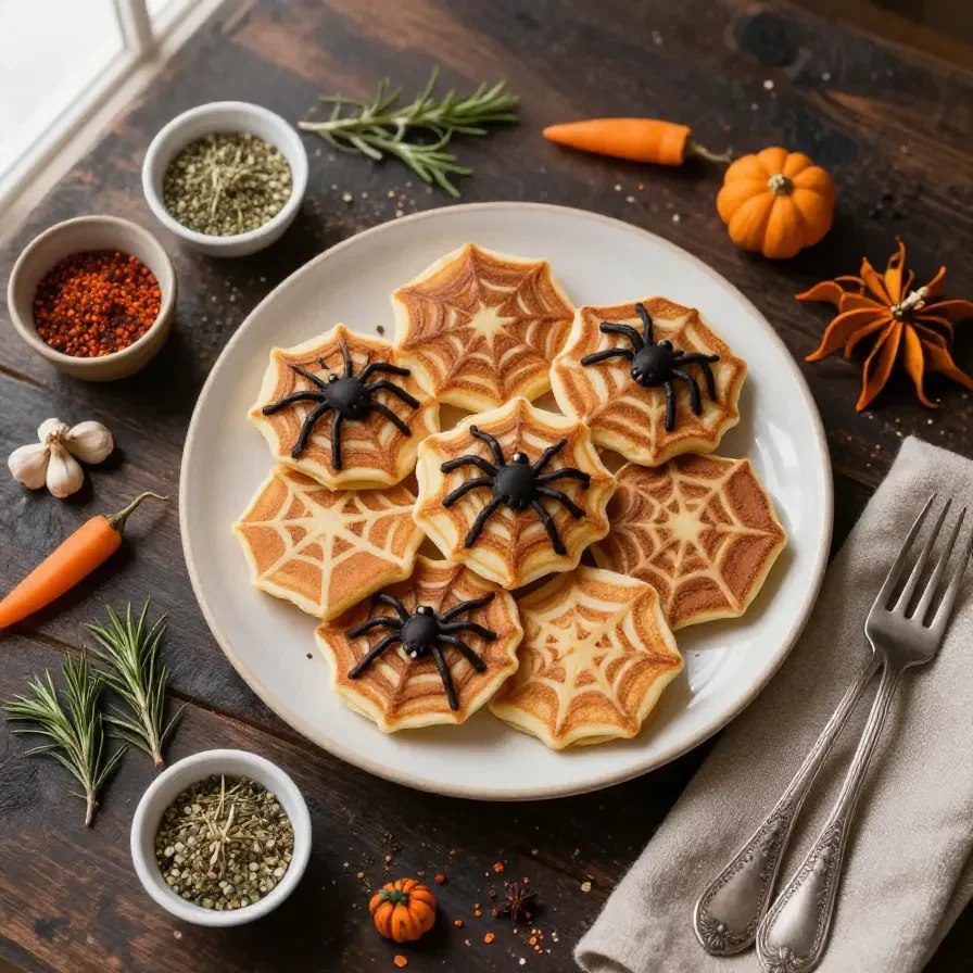 A plate of mini spiderweb-shaped pancake dippers with a small bowl of syrup, perfect for a Halloween-themed kids' breakfast.