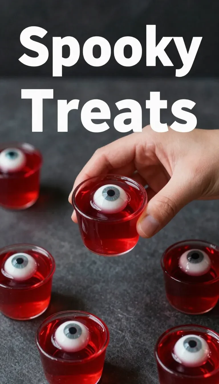 Close-up of Halloween-themed eyeball jello shots on a table.