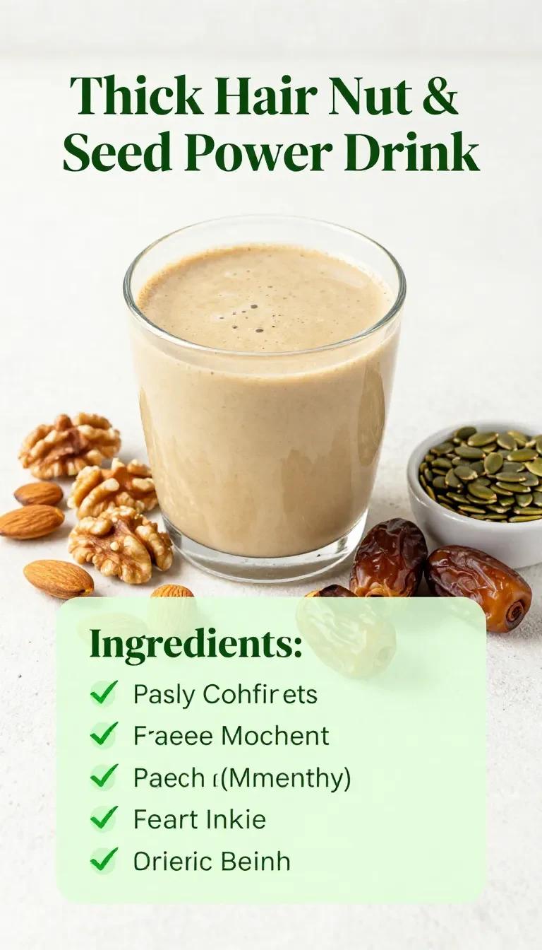 A glass of thick hair nut and seed power drink surrounded by natural ingredients for hair growth.