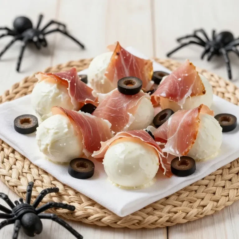 A plate of spooky mozzarella-stuffed olive appetizers resembling eerie eyeballs for Halloween.
