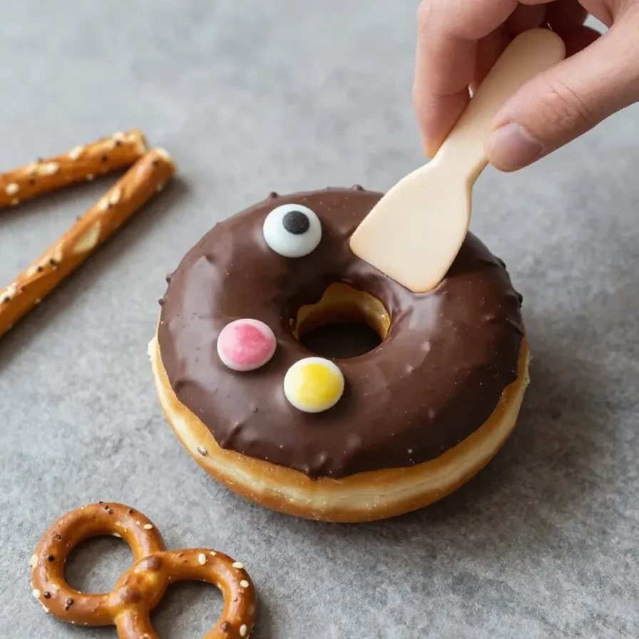 A plate of spider-shaped donuts decorated with chocolate legs and candy eyes for Halloween.