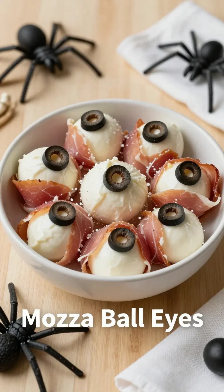 A plate of spooky mozzarella-stuffed olive appetizers resembling eerie eyeballs for Halloween.