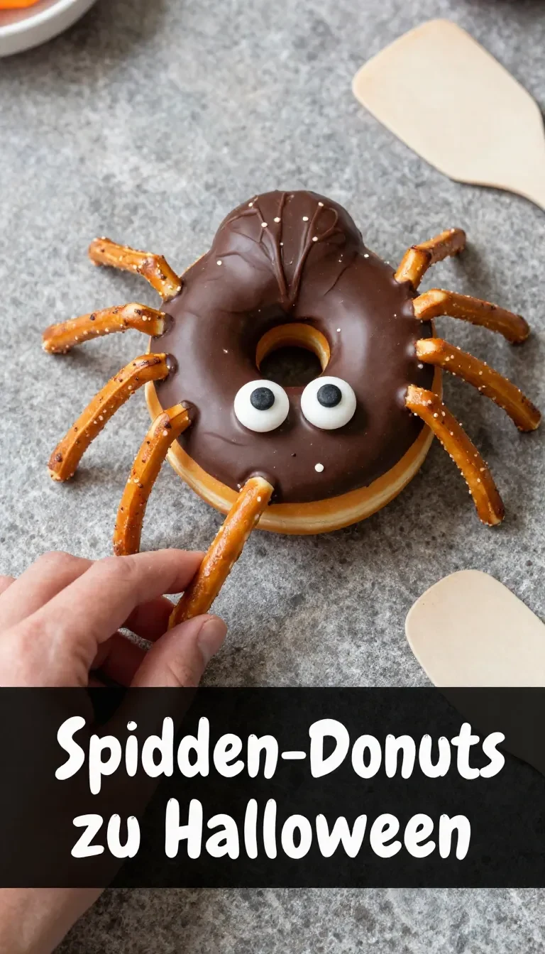 A plate of spider-shaped donuts decorated with chocolate legs and candy eyes for Halloween.