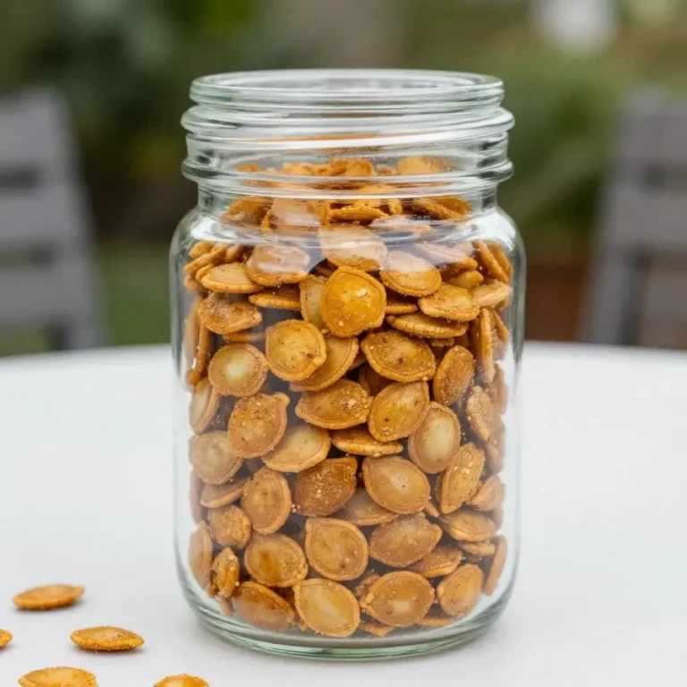 A close-up of spiced candied pumpkin seeds served in a wooden bowl.