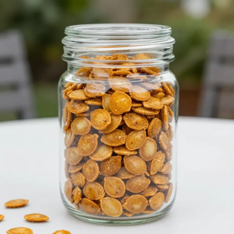 A close-up of spiced candied pumpkin seeds served in a wooden bowl.