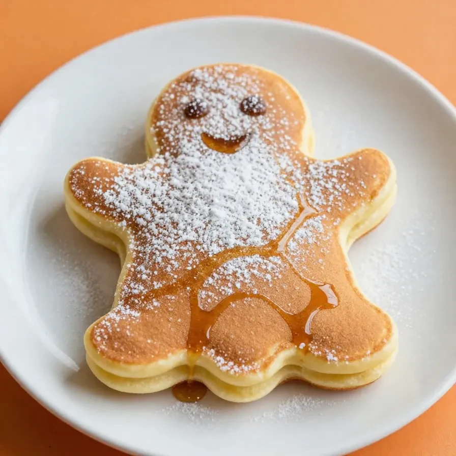 A plate of Halloween-themed pancakes shaped like pumpkins and ghosts, perfect for toddlers.