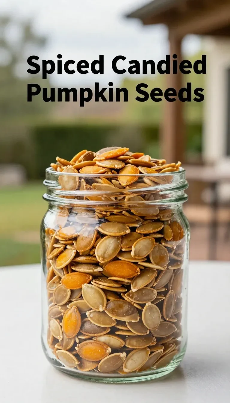 A close-up of spiced candied pumpkin seeds served in a wooden bowl.