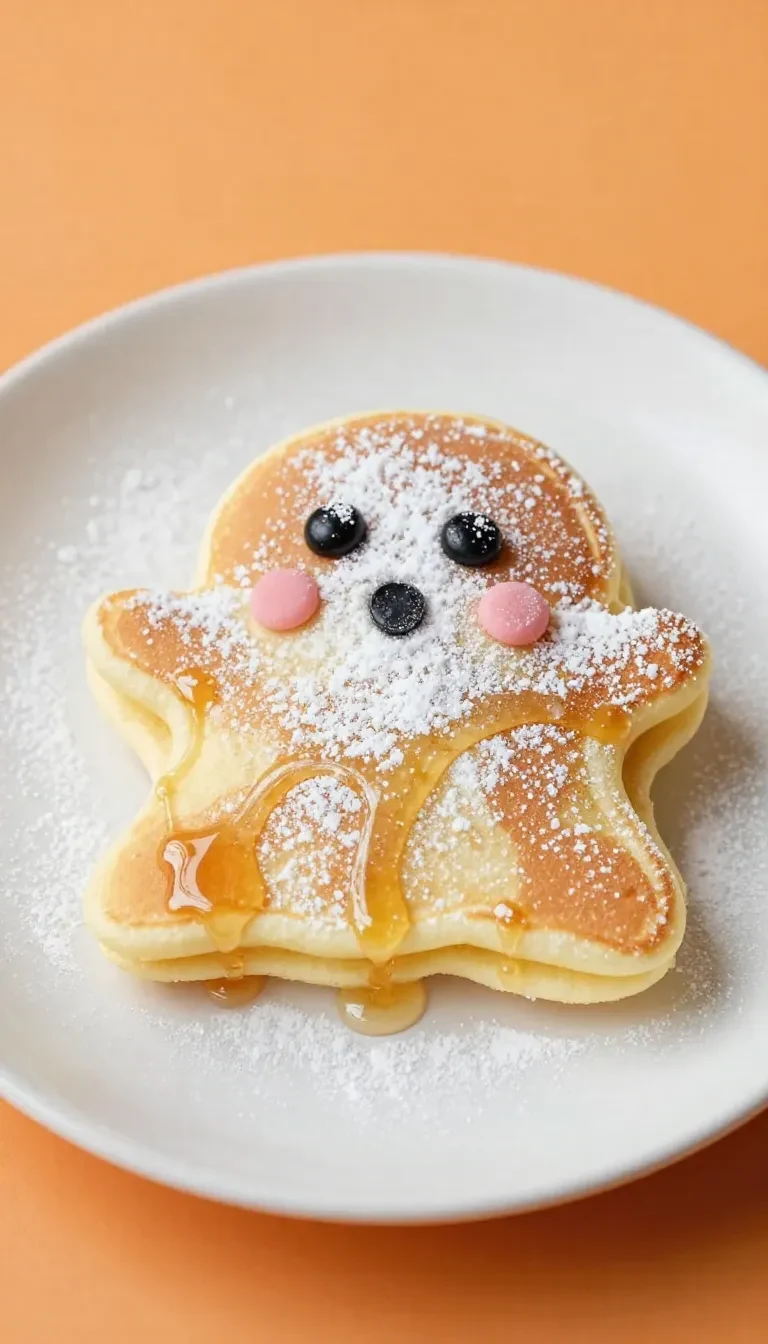 A plate of Halloween-themed pancakes shaped like pumpkins and ghosts, perfect for toddlers.