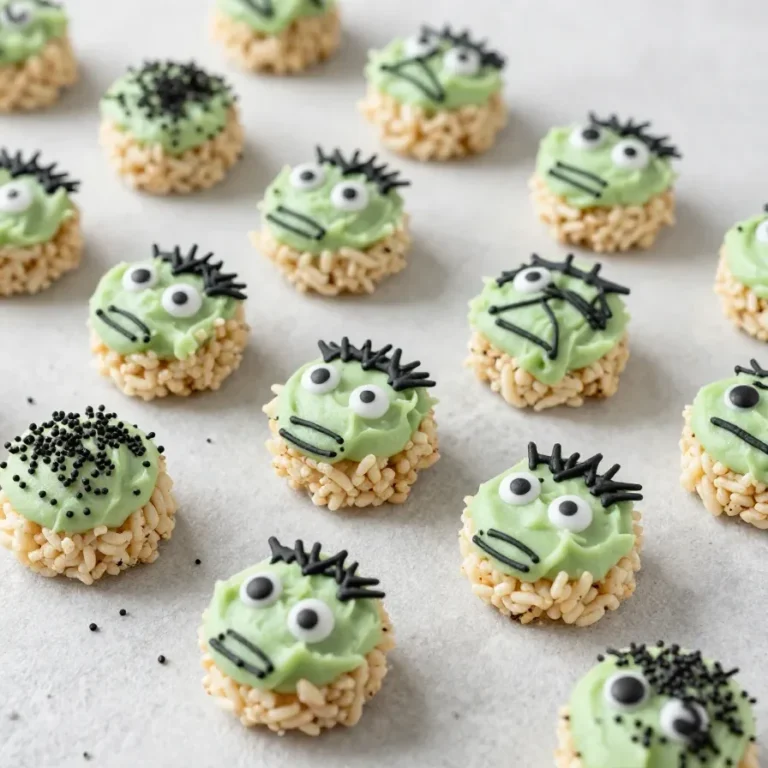 Close-up of Frankenstein-themed Rice Krispie treats with green frosting and candy decorations.