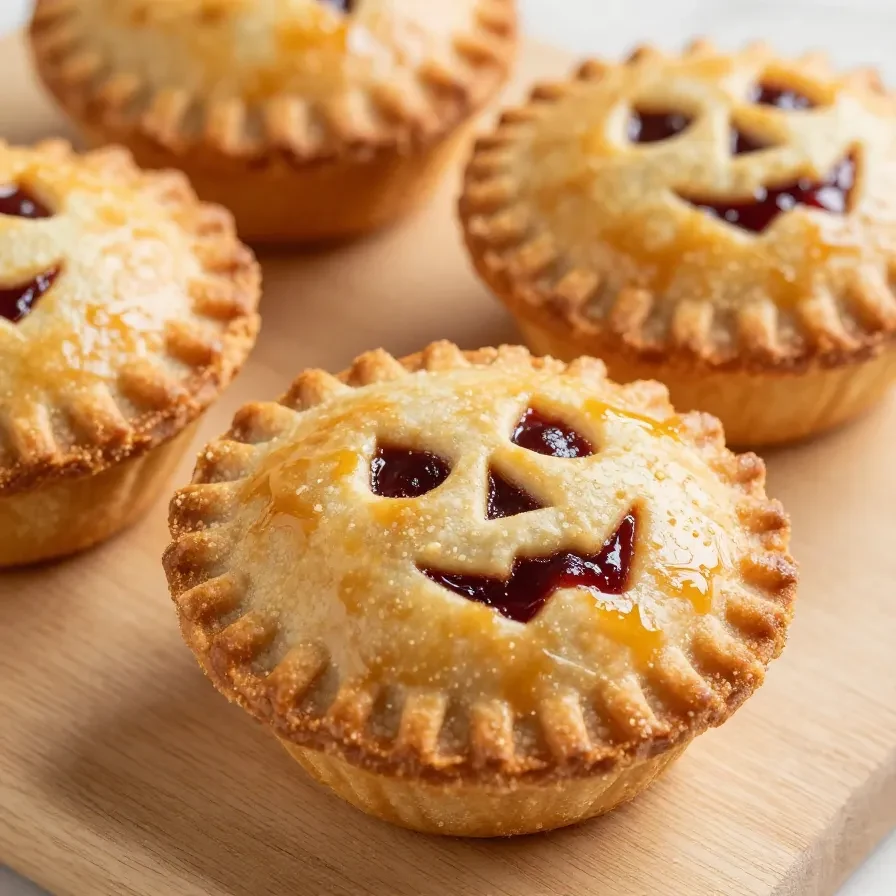 Close-up of a pie decorated with a scary face made of pastry.