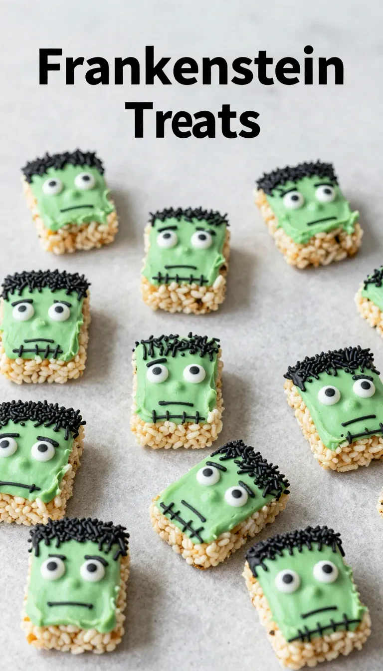 Close-up of Frankenstein-themed Rice Krispie treats with green frosting and candy decorations.
