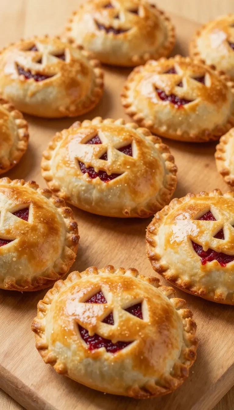 Close-up of a pie decorated with a scary face made of pastry.