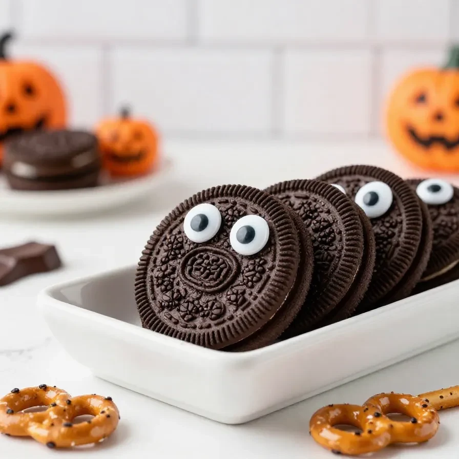 A plate of spooky Oreo cookies decorated with googly eyes for Halloween.